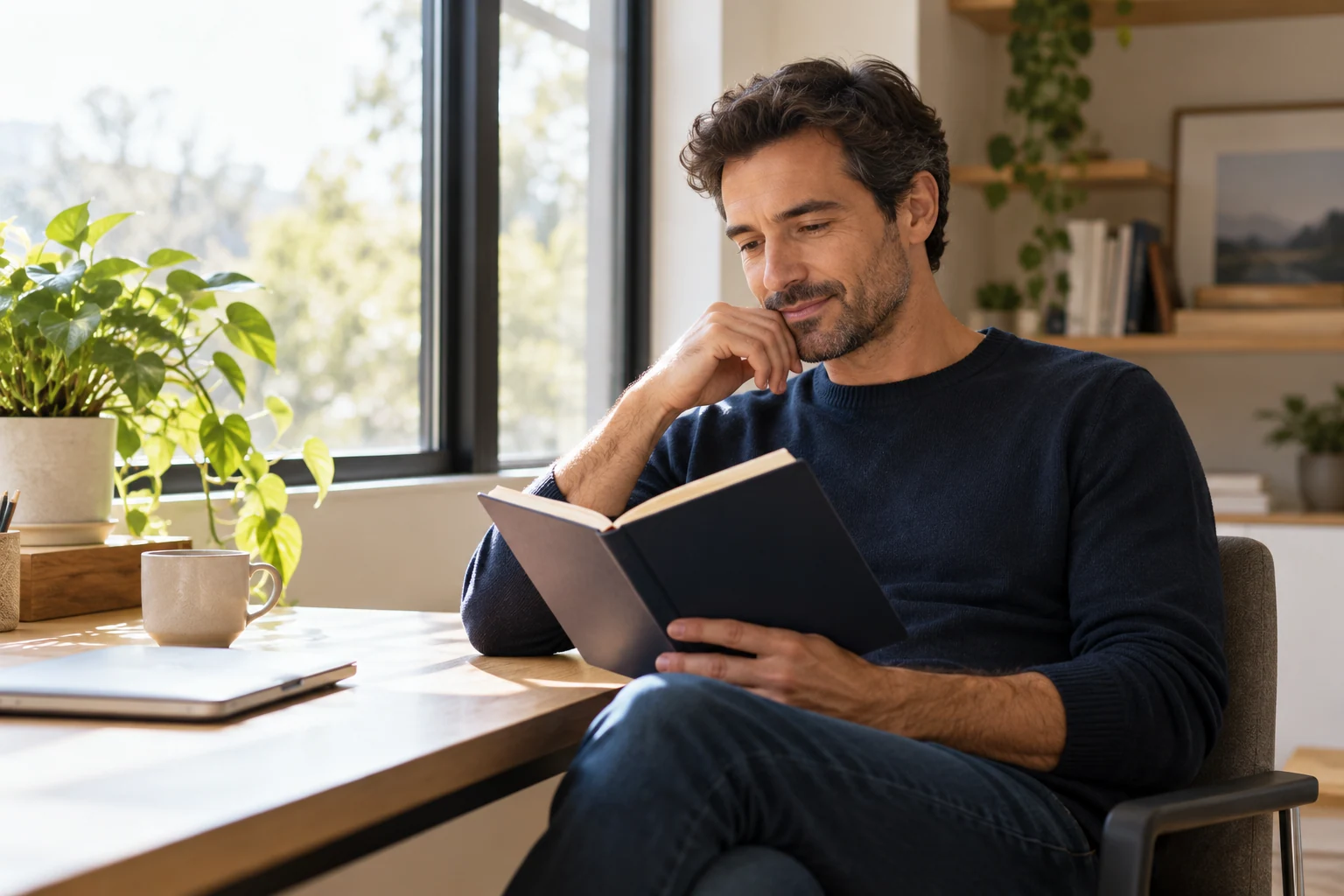 Conceptual lifestyle image of an adult man reading beside a window
