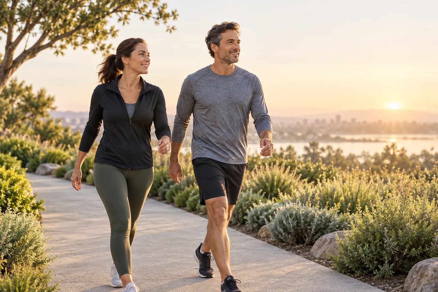 Conceptual lifestyle image of two adults walking outdoors